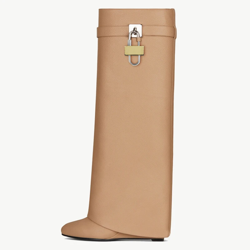 Botas Alto Height Increasing Lock Cut Pants Wedge Heel Shoes Women Black Knee Boots