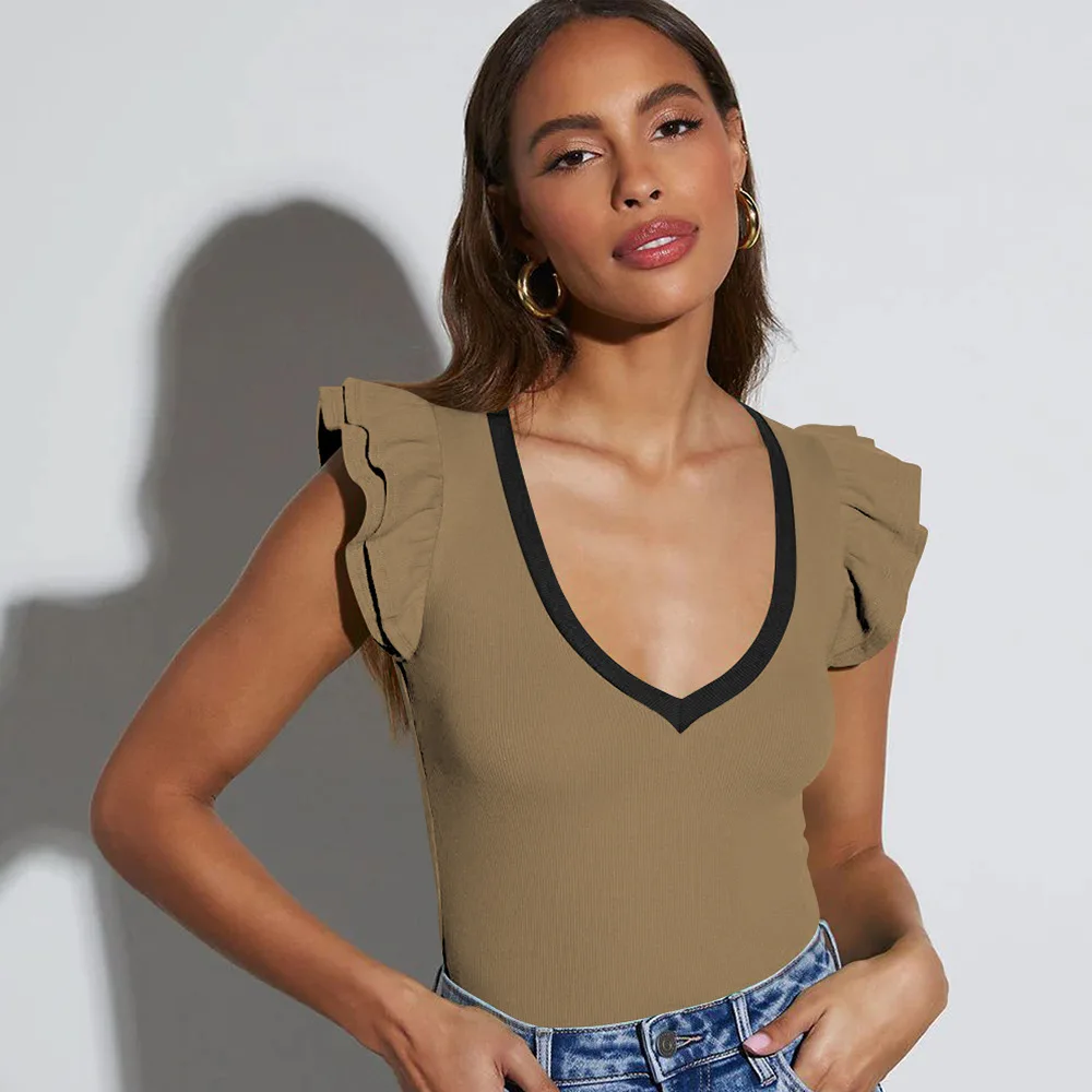 European style commuting solid color threaded slim fit top with contrasting V-neck short sleeved T-shirt for women in summer
