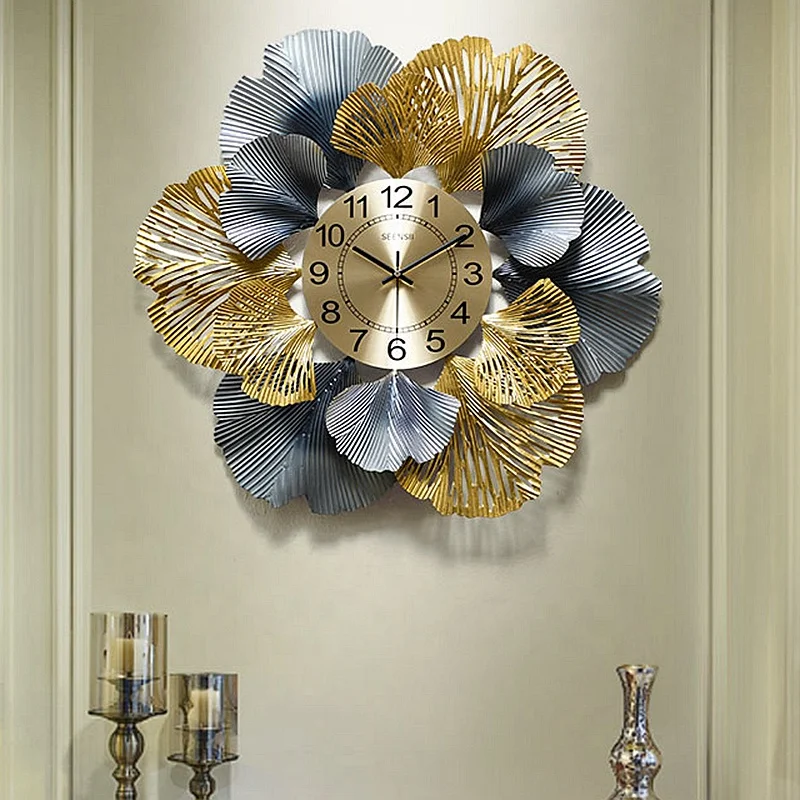 3D Handmade 80cm Metal Ginkgo Luxury Wall Clock for Home Decoration Reloj De Pared