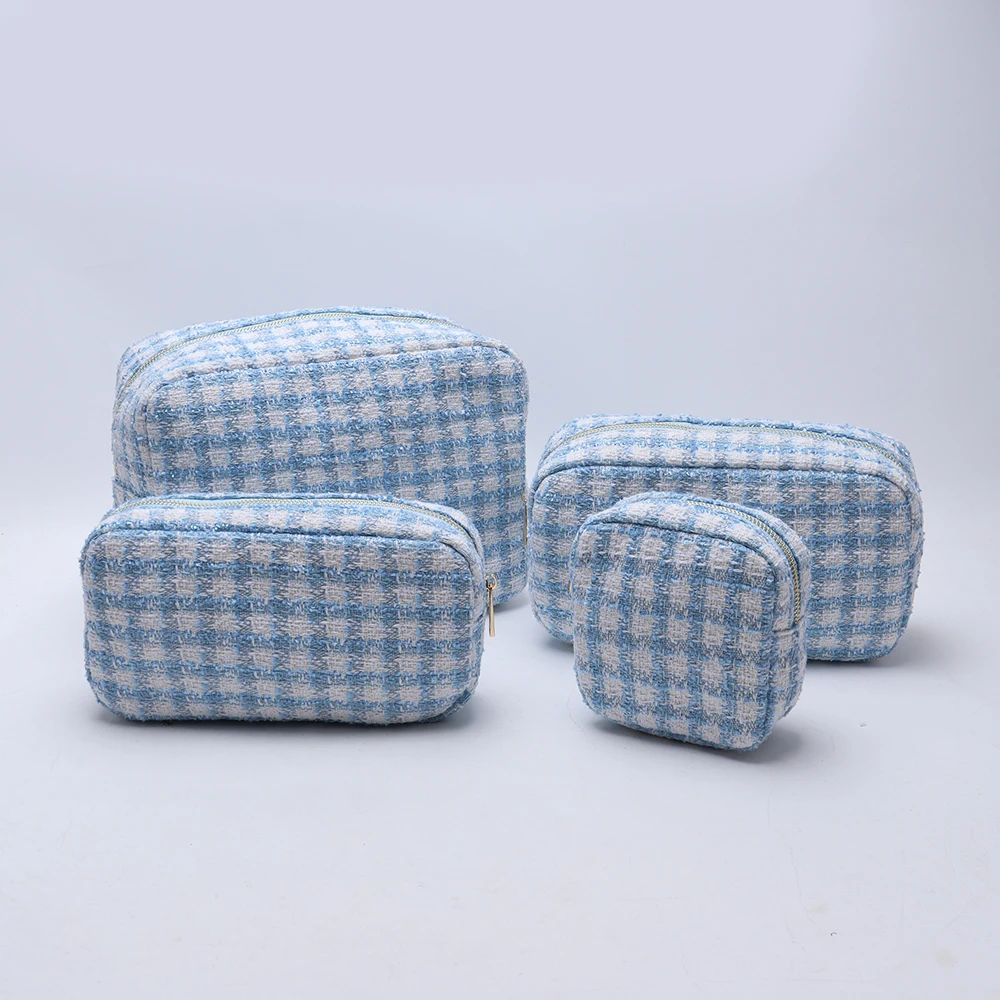 Eco Friendly Stock RTS Makeup Pouch Bag Girls Tweed Gingham Bag Blue Plaid Cosmetic Bags Cases For Women