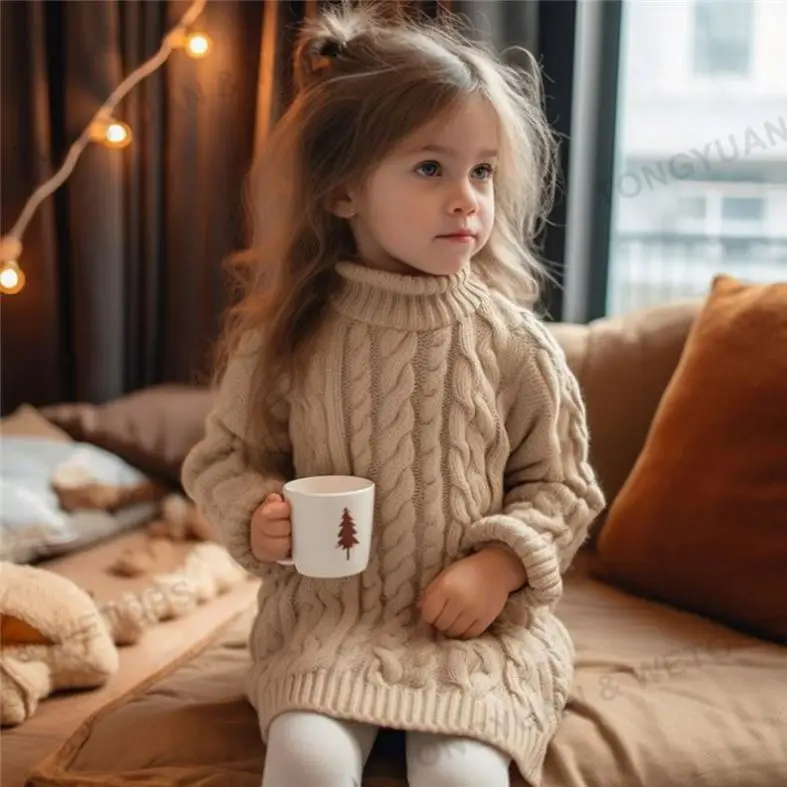 2023 Autumn Winter Toddler Girls Cable Knit Turtleneck Sweater Dress