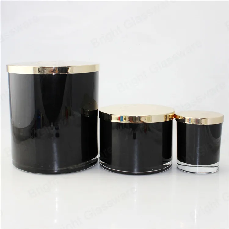 Luxury Large Size Black Glass With Gold Metal Candle Jar Lids