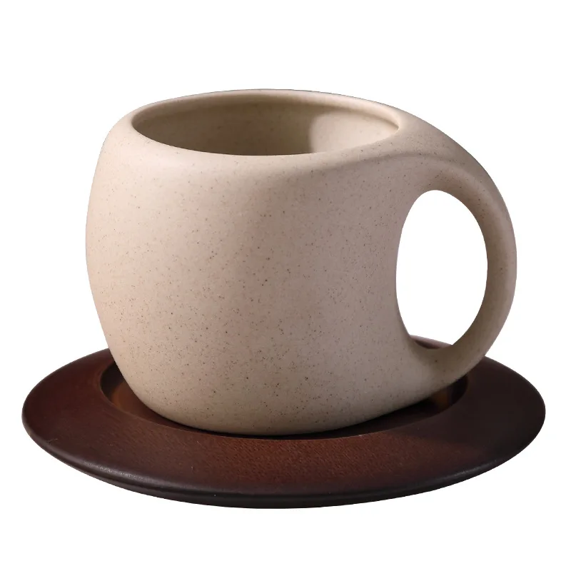 Retro  Advanced Ceramic Coffee Cup Wooden Plate Ceramic Cup Set Wholesale