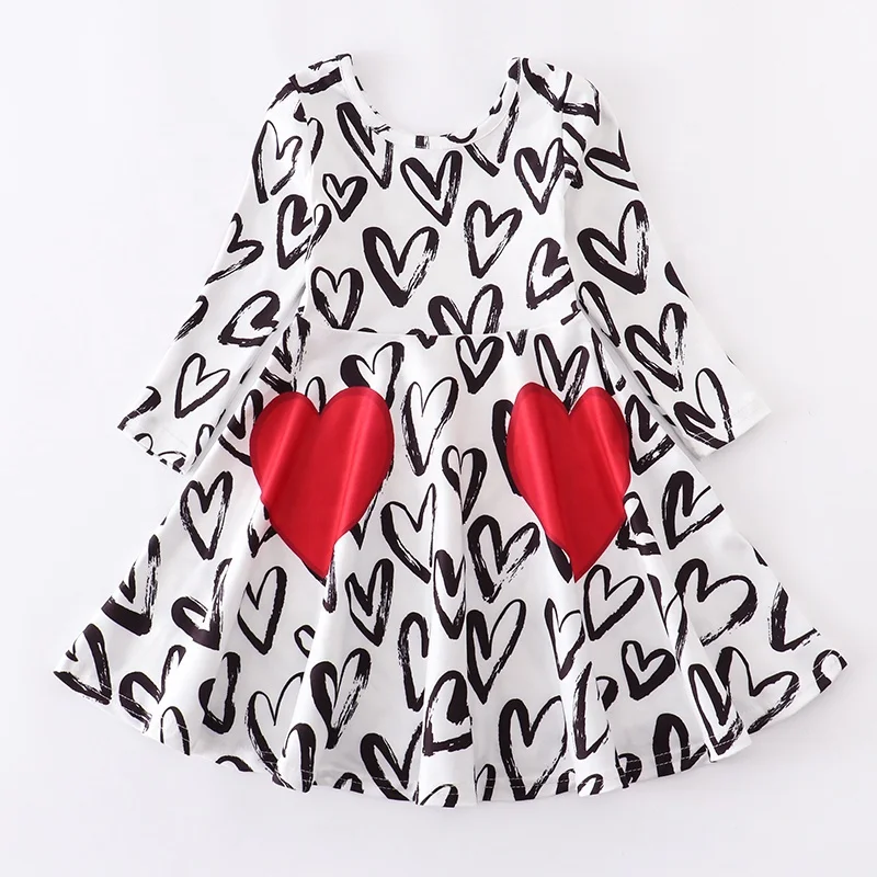 Girlymax 2023 Red Sweat heart Valentine Day Long Sleeve Knee length Casual  baby Girls Dresses