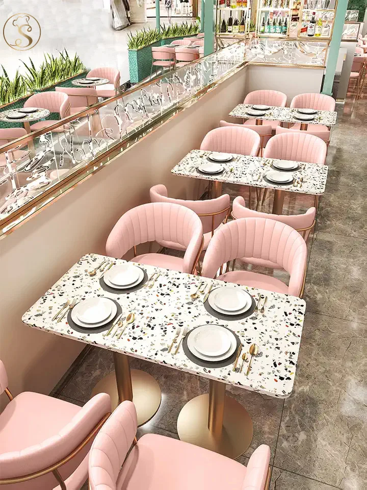 Modern Pink Restaurant Sofa Leather Booth Cafe Table And Chairs Furniture Set Restaurant Booth Gold Stainless Metal leg Tables