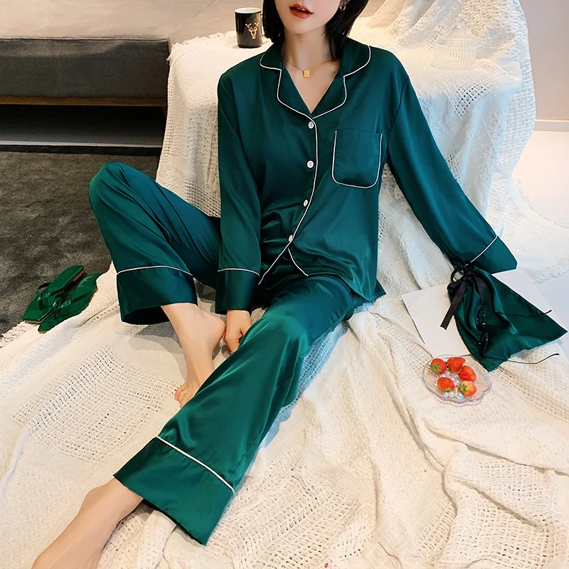 Wholesale silk like satin plain pajamas set woman homewear pajamas