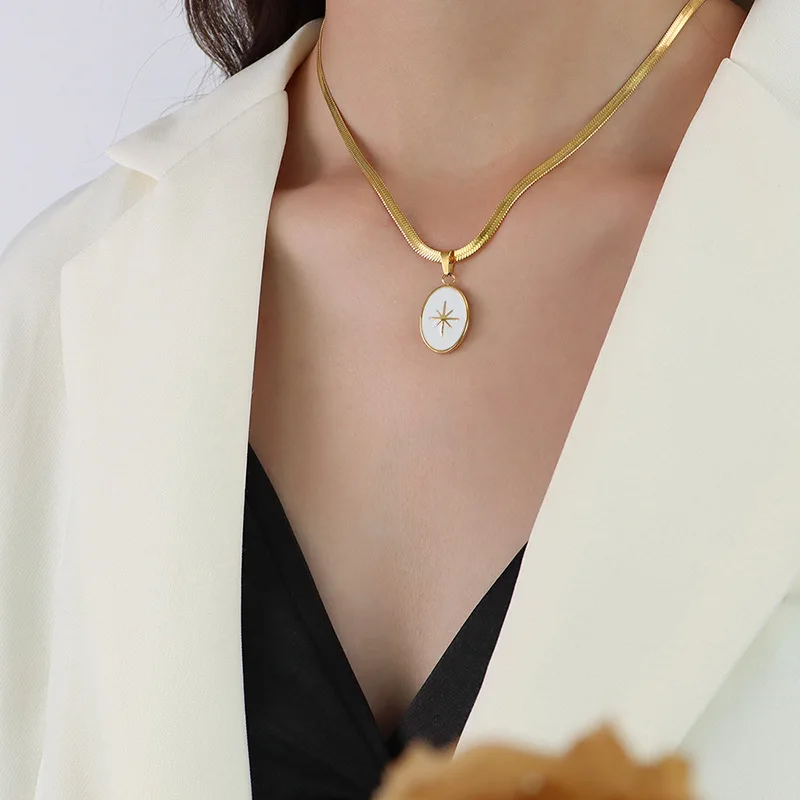 French Drip Oil Pendant Flat Snake Chain Octagonal Star Necklace, 18K Gold Plated Pendant Collarbone Snake Chain Necklace