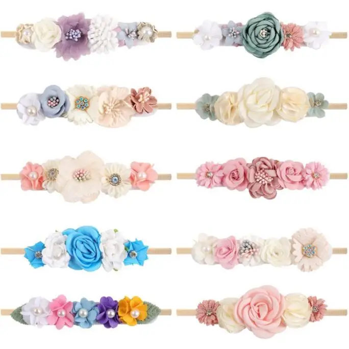 Hot selling artificial flower rhinestone pearl baby headband for girls