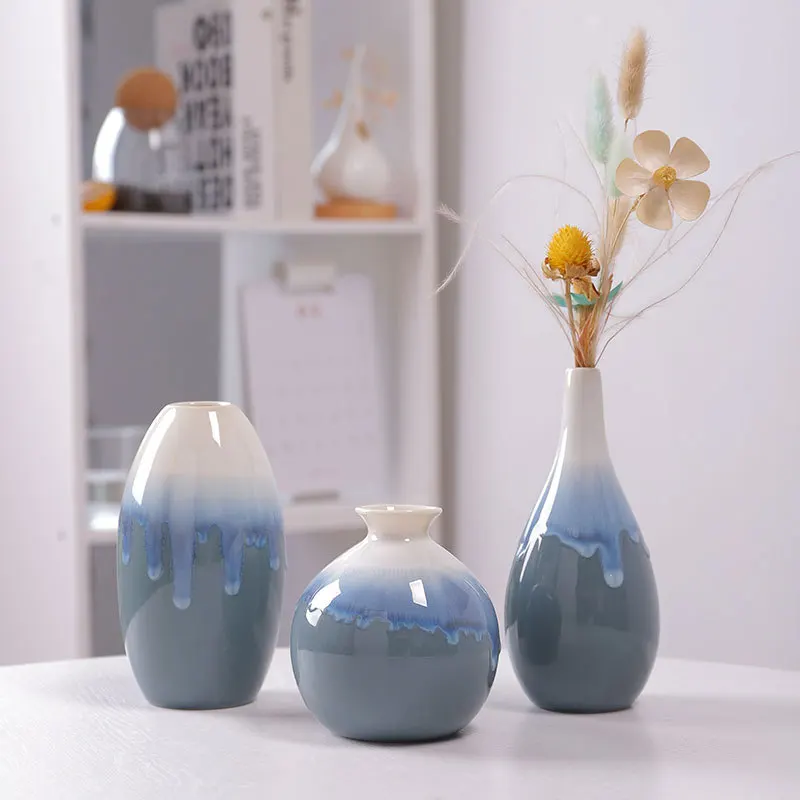 Flowing Glaze Kiln to Blue Ceramic Vase Decoration Home Decoration Plain Burnt White Vase Flower Insert Three Piece Set