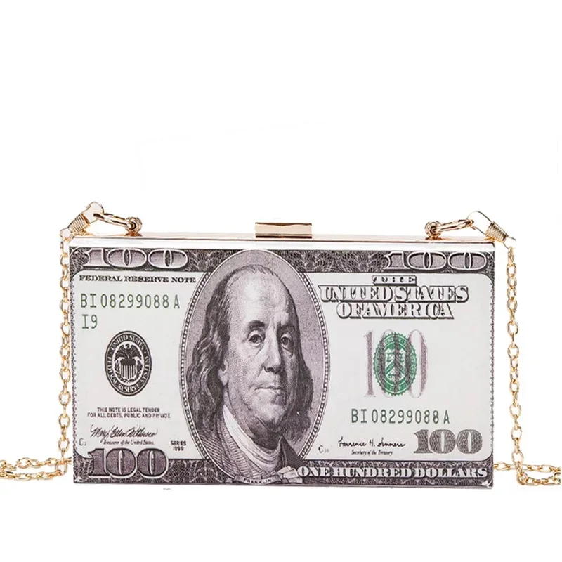 
Acrylic Women Clutch Cash Dollars Letter Evening Bags Vintage Metal Chain Shoulder Retro Party Handbags Purse 