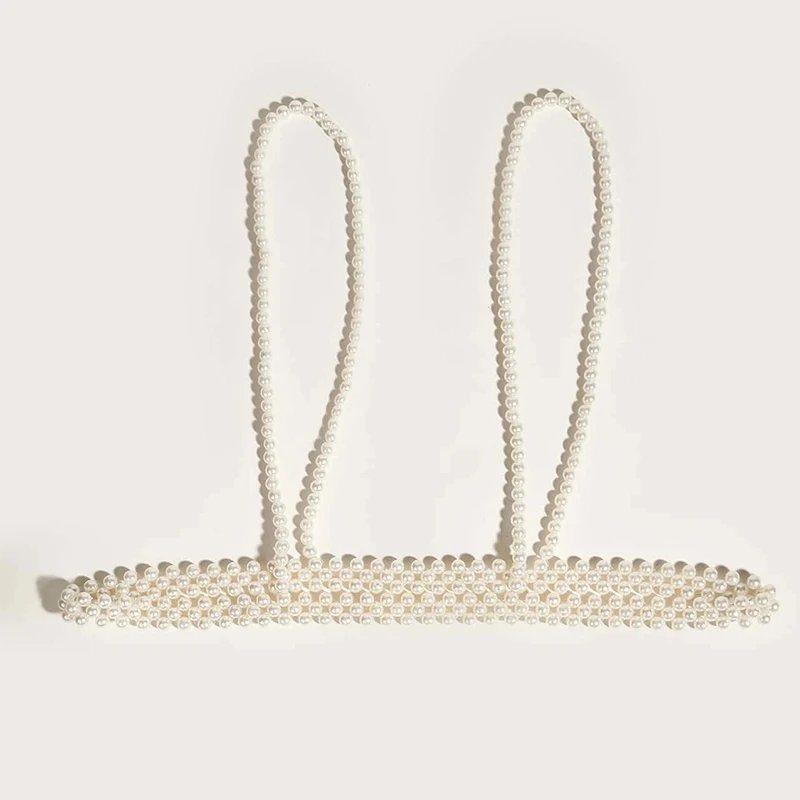 Sexy Womens Sleeveless Faux Pearl Club Party Harness Belt Halter Pearl Tops Summer Mesh Pearl Body Chain Harness