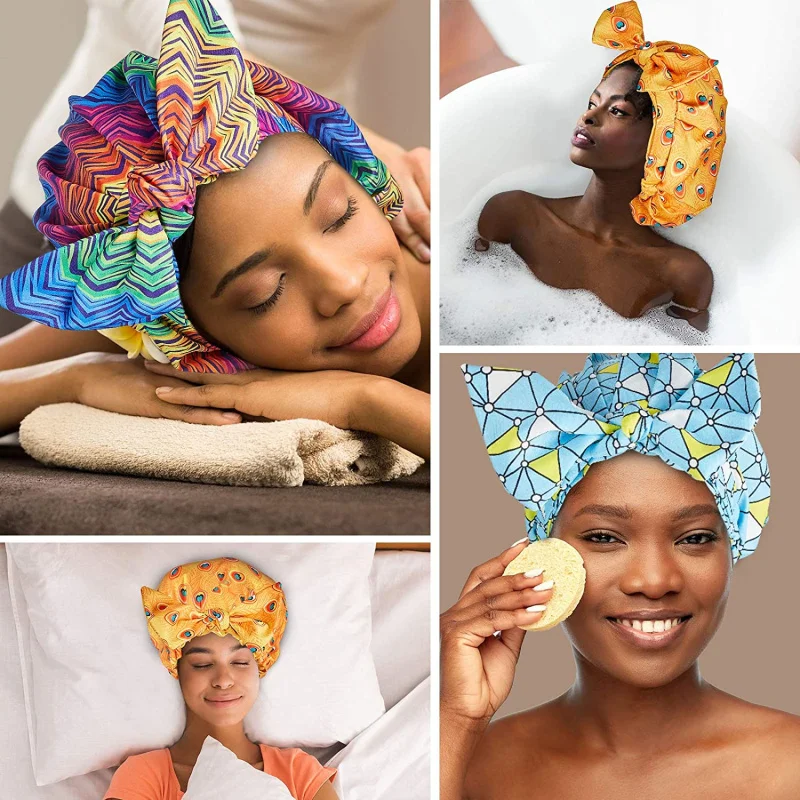 HZM-19021 Large African Print Women Waterproof Satin Bonnet Bow Knot Bathing Cap Reusable Sleep Hair Shower Cap