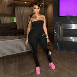 KX-P155245W 2021 New style brown letter printed solid strapless jumpsuit for women pleated high elastic 1 piece jumpsuit women