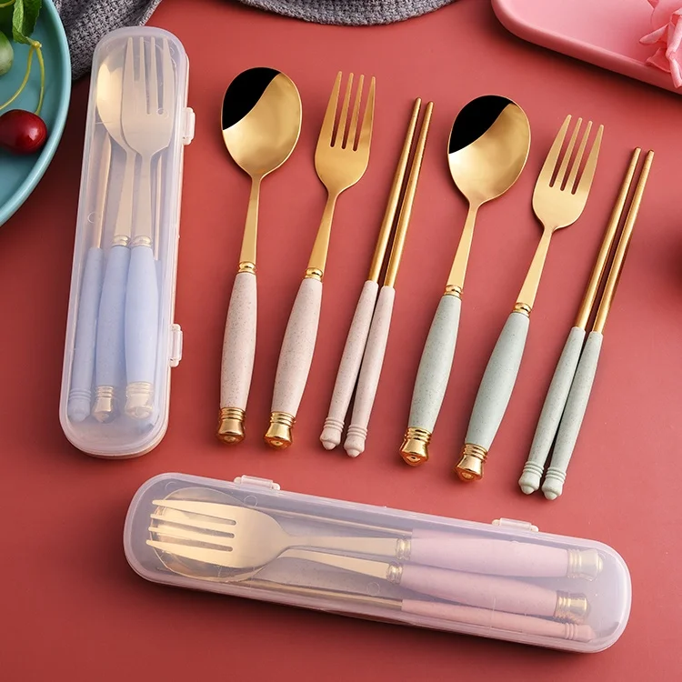 Cutlery Stainless Steel Spoon Fork Chopsticks 3 Pcs Set Wheat Straw Golden 24 Flatware Sets Stainless Steel Color and Gold Metal