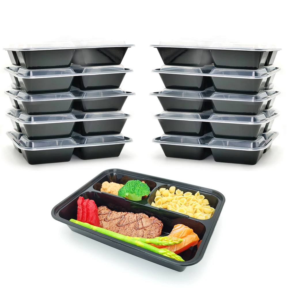 Plastic To Go Containers Food Disposable Black To Go Box 3 Compartment Fo Restaurant