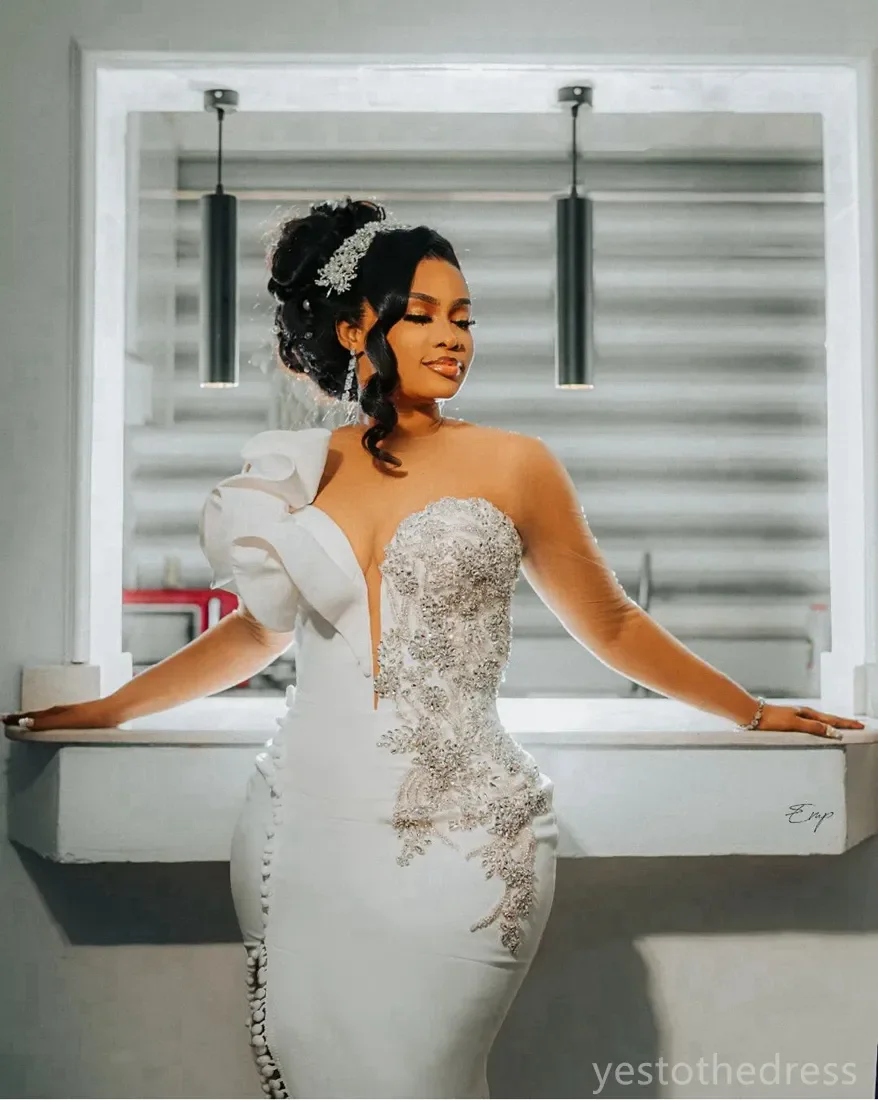 2024 Mermaid Wedding Dresses for Bride Illusion Neck Bridal Gowns Sheer Neck Side Split Beaded Sexy Bridal Wedding Gowns