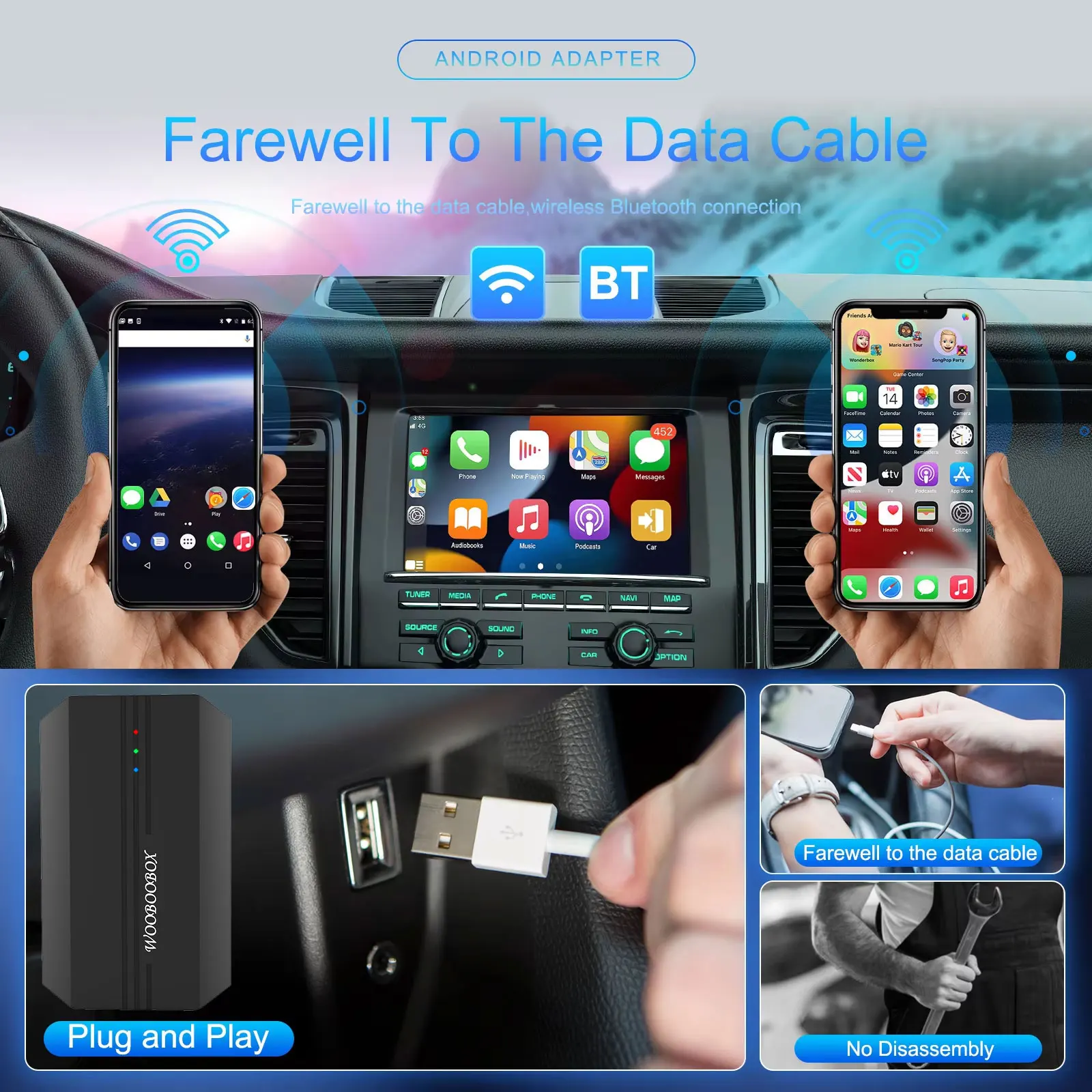 Смартбокс беспроводной CarPlay Ai Box Android 12 Use Sim Snapdragon 8 Core - 3 в 1 машиноигра для авто [встроенный youtube & netflix]