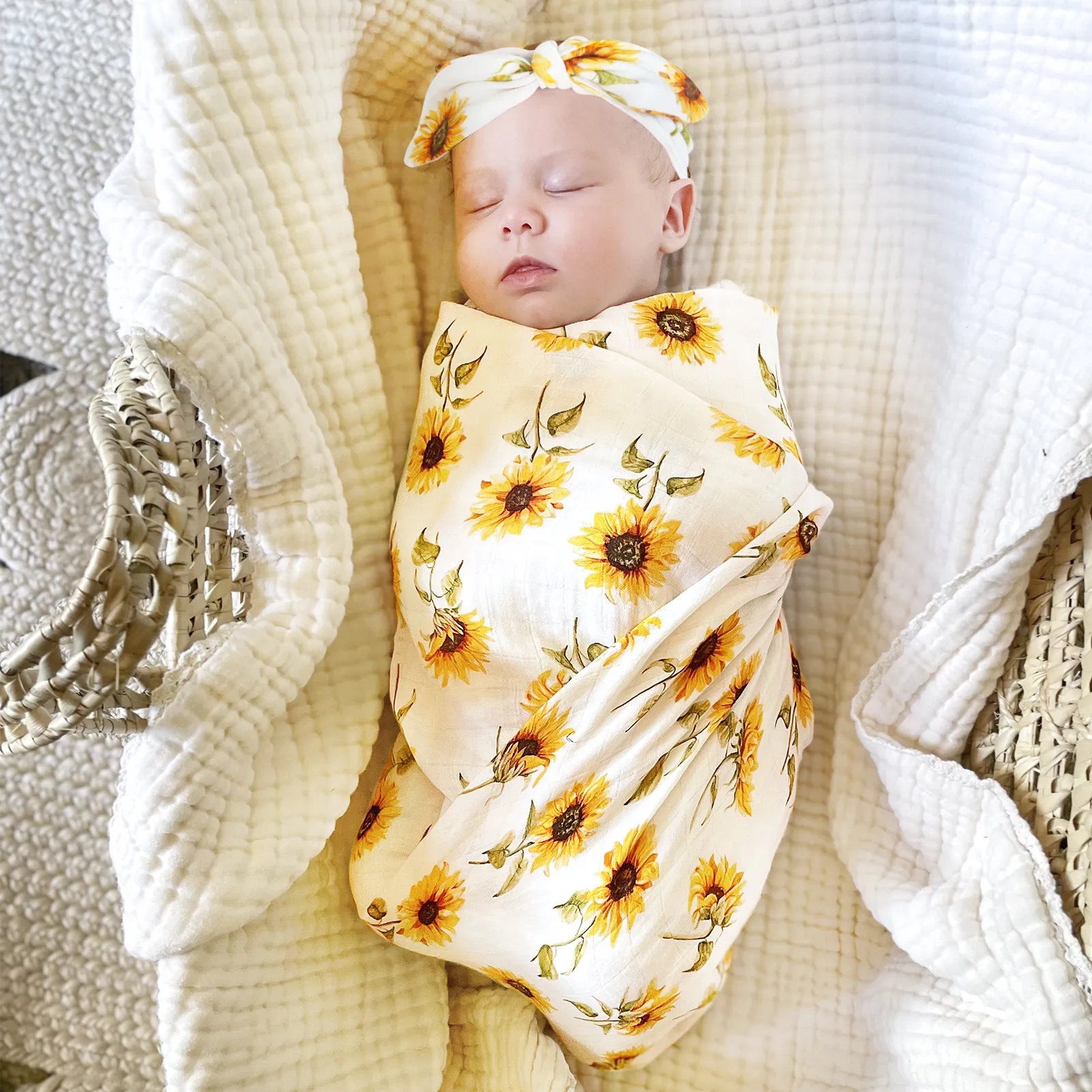 Sunflower Prints 2 Layers Super Soft Organic Cotton Receiving Wrap Bamboo Newborn Baby Muslin Swaddle 4pcs Set Blanket
