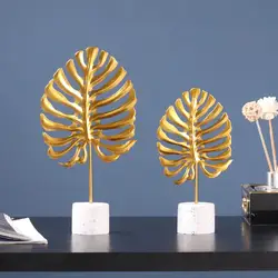 Golden Ginkgo Leaf Ornaments Nordic Wrought Iron Turtle Back Leaf Home Decor Metal Crafts Marble Base Plant Ornament Figurines