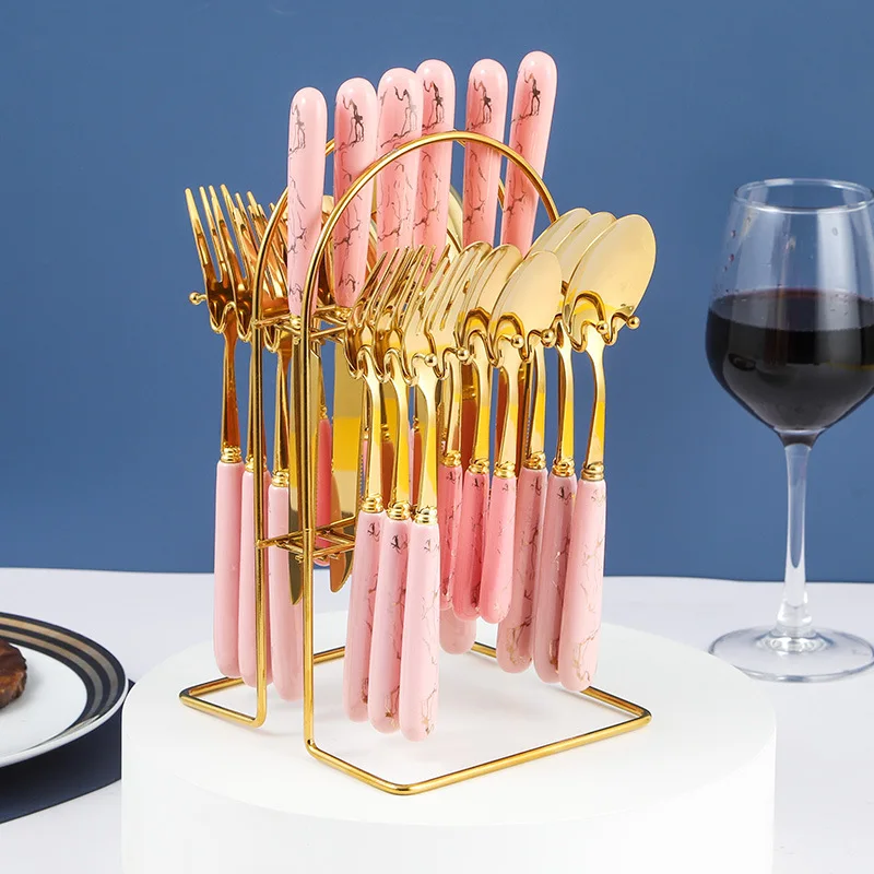 24 piece gift box set, tableware holder, ceramic handle, stainless steel knife, fork, spoon, Nordic style