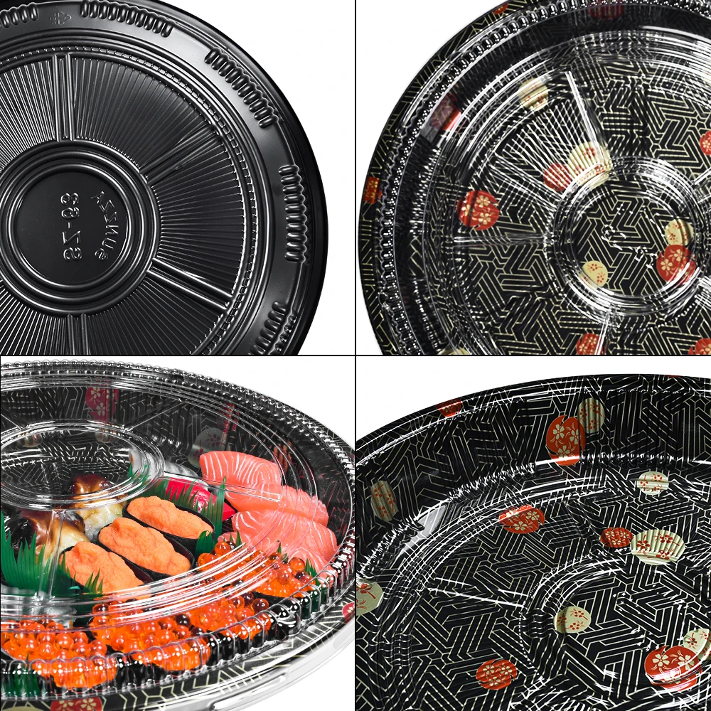 Sunzza free sample huawen 32 cm big round shape size disposable plastic blister pet anti fog lid sushi tray for restaurant