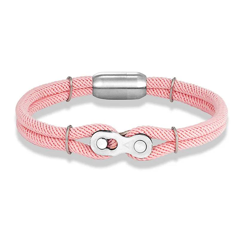 Punk Rock Double Layer Milan Nylon Nautical Rope Stainless Steel Magnetic Clasp Bike Chain Link Rope Bracelet Unisex Jewelry