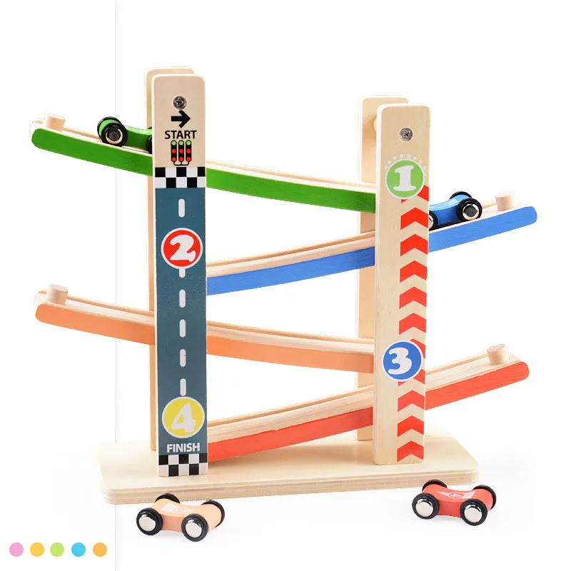 Wooden Train 4-Layer Race Track & 4 Mini Inertia Race Car Sliding Toy Rainbow Baby Toddler Motor