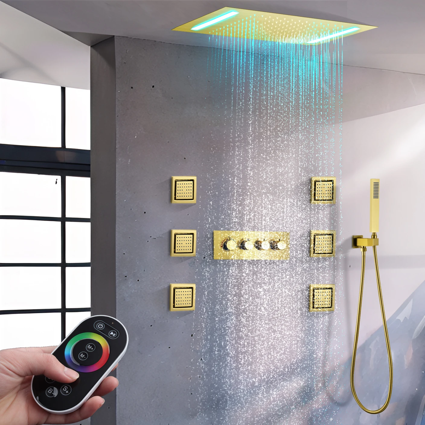 Ceiling luxurious Brushed Gold LED Shower Head 20*14 -inch Bathroom Thermostatic Shower set With Massage Body jets