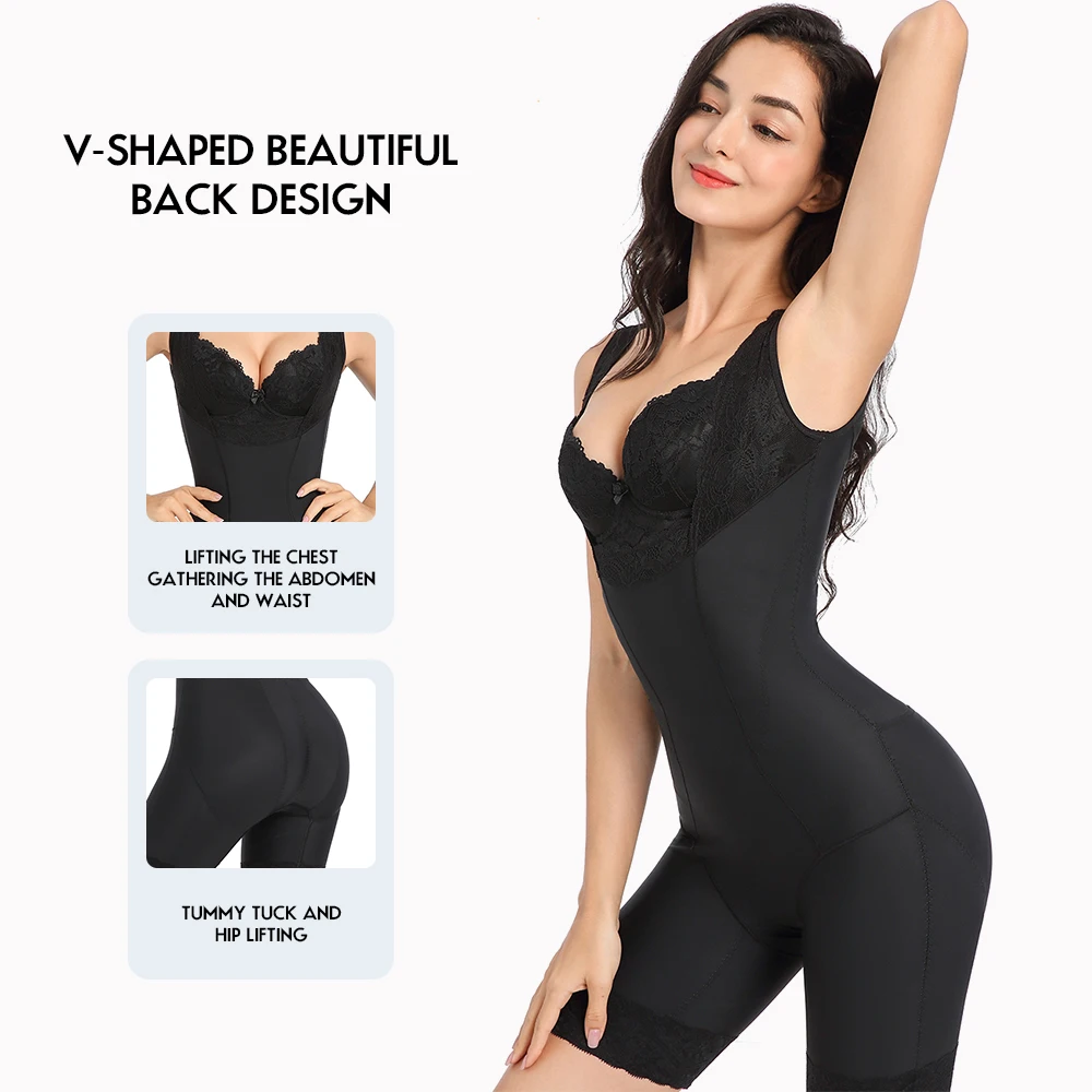 New Design One-piece Caffeine shaper plus size V-back lace slimming body suit lift hips waist trainer seamless shapewear
