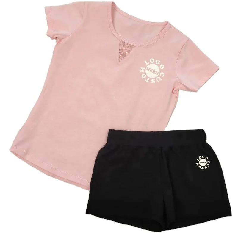 New Arrival Girls Basic 2 Piece Active Outfit Short Sleeve T-shirt and Shorts Set for Gymnastics Dancing Workout Kids Costume