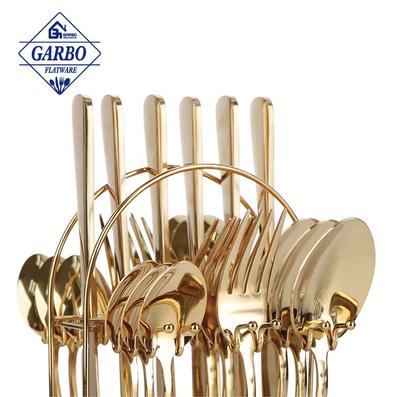Luxury Style Shinning Gold 410ss Cutlery Set of 24pcs PVD Golden Stainless Steel Cutlery Set with Metal Stand Safe in Dishwasher
