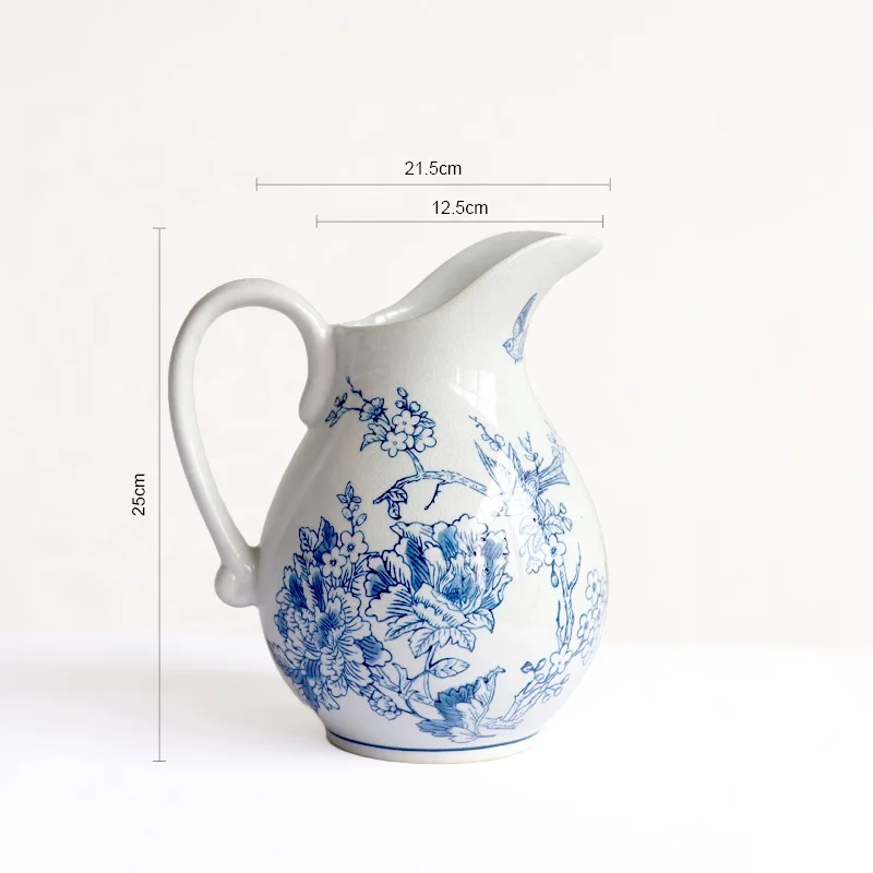 Chinese Traditional Jug Pitcher Jar Home Decorative Ceramic Blue & White Vintage Vase with Handle