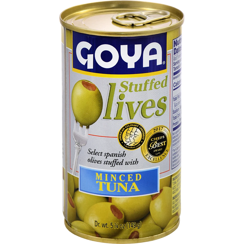 
 Испанские зеленые оливки, заполненные мелким тунцем, банка 5,25 унции  