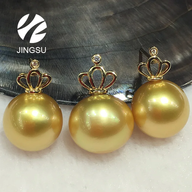 Jewelry set natural golden color south sea pearl  stud drop earrings women gift charms pendant party 18k gold diamonds wedding