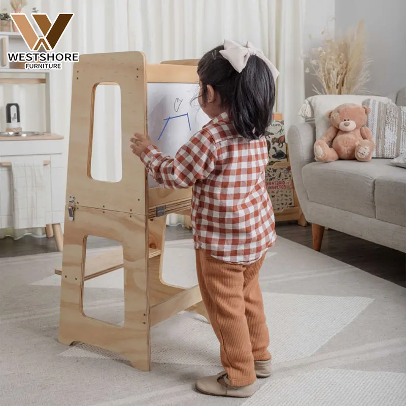 Montessori Wooden Folding Kitchen Helper Step Stool For Kids Mat Toddler Stepping Stool For Counter Learning Tower