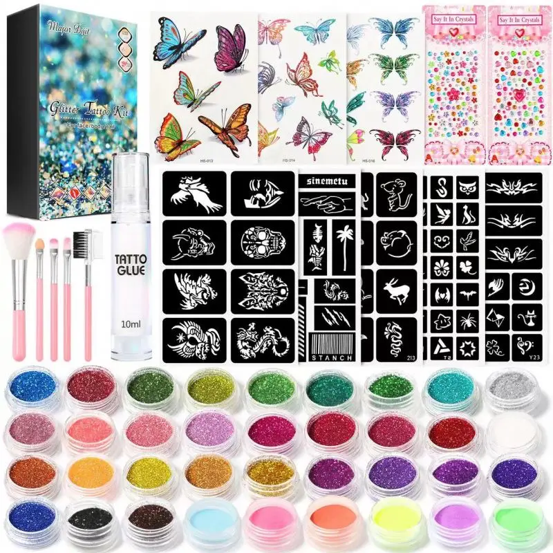 DIY Temporary Glitter Tattoos Kit for Kids 24 Glitter Colors Stencil Stickers Temporary Tattoo Toys