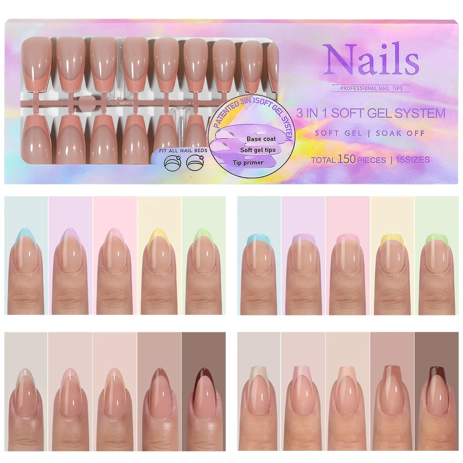 X-Coat Tips 150PCS 5 Colors French Tip Press On Nails Square Full Cover Artificial Finger Nails Tips For Manicure