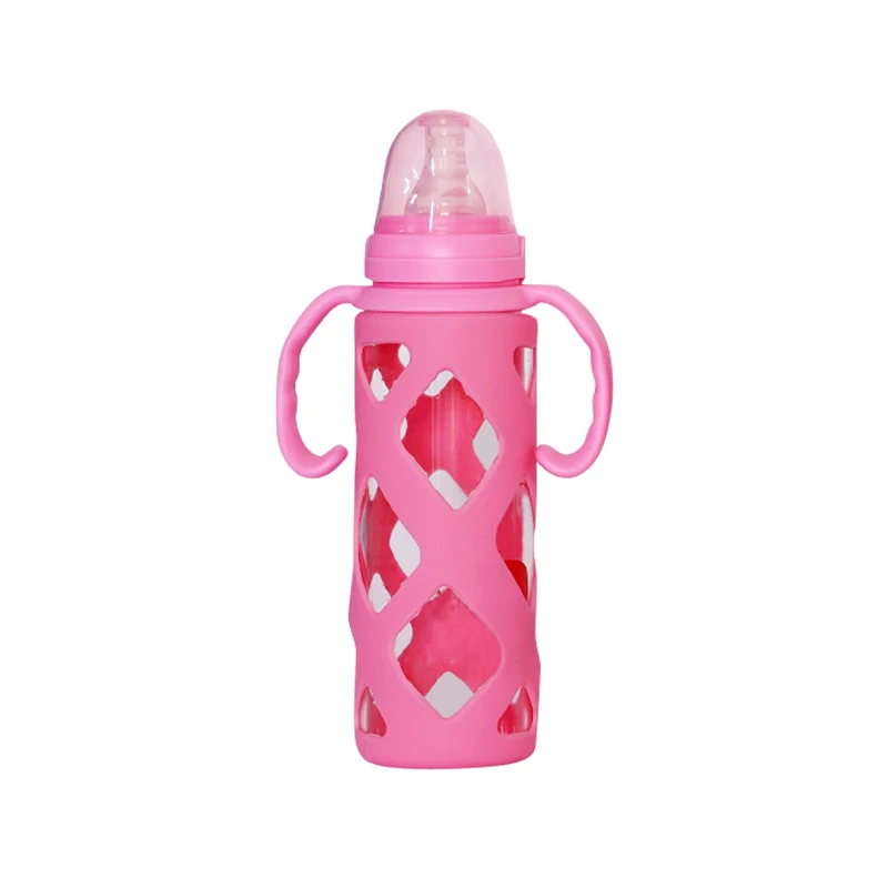 Custom 240Ml Baby Feeding Glass Milk Bottle With Silicone Protective Cover Glass Baby Bottle
