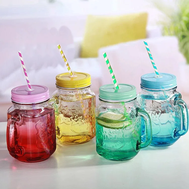 500ML 1 Gradient glass with straw handle creative juice cold drink retro rooster cup milk tea cup