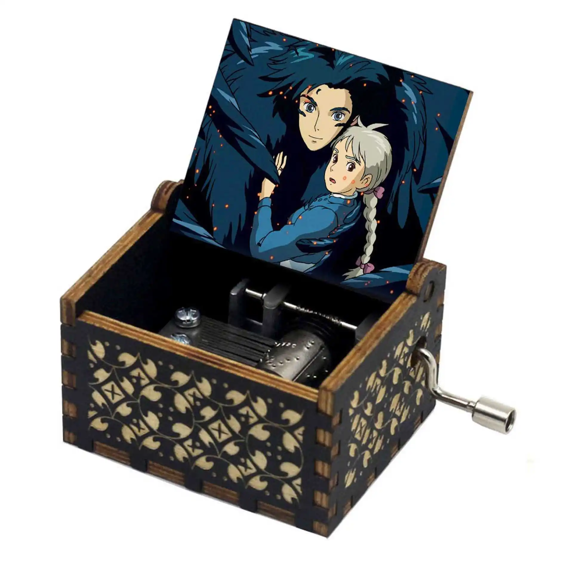 Wholesale Multiple Designs Melody Hand Crank Music Box Laser Engraved Anime Sailor Moon Demon Slayer Wooden Music Box For Gift