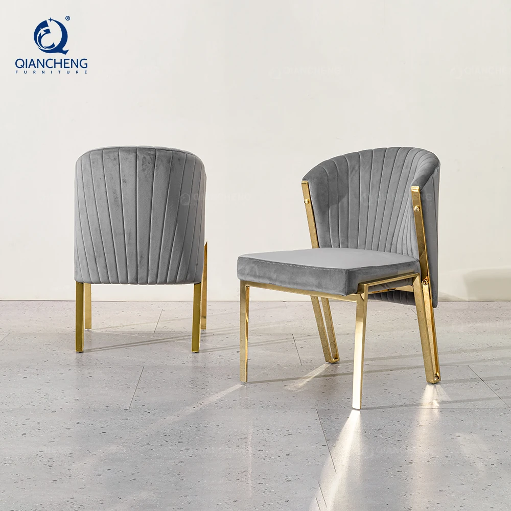 QIANCHENG kitchen counter chair grey velvet golden stainless steel mirror italian designers expensive dining table chairs