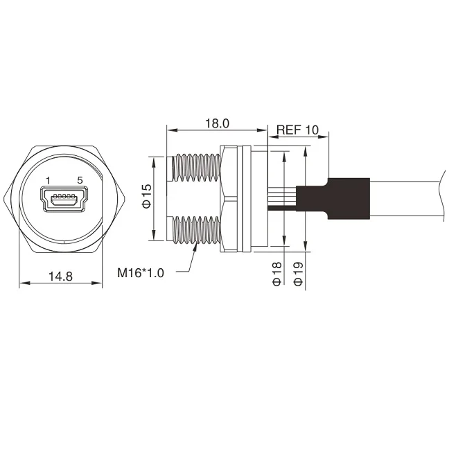 Finecables Custom Mini-USB Waterproof Panel Mount Female Solder USB Connector