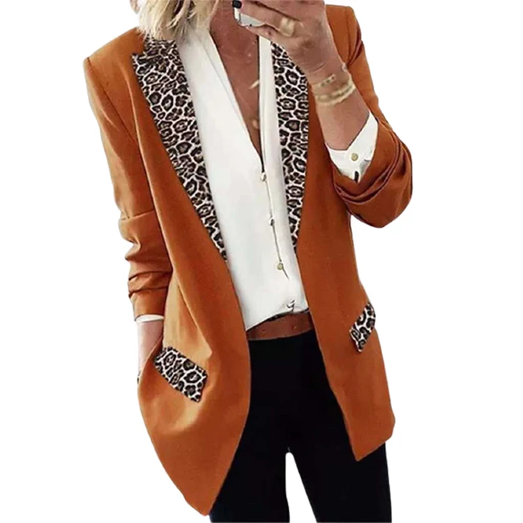 Autumn And Winter Fashion  Loose Comfortable Linen Fabric Leopard Print Long Sleeve Suit Coat for women