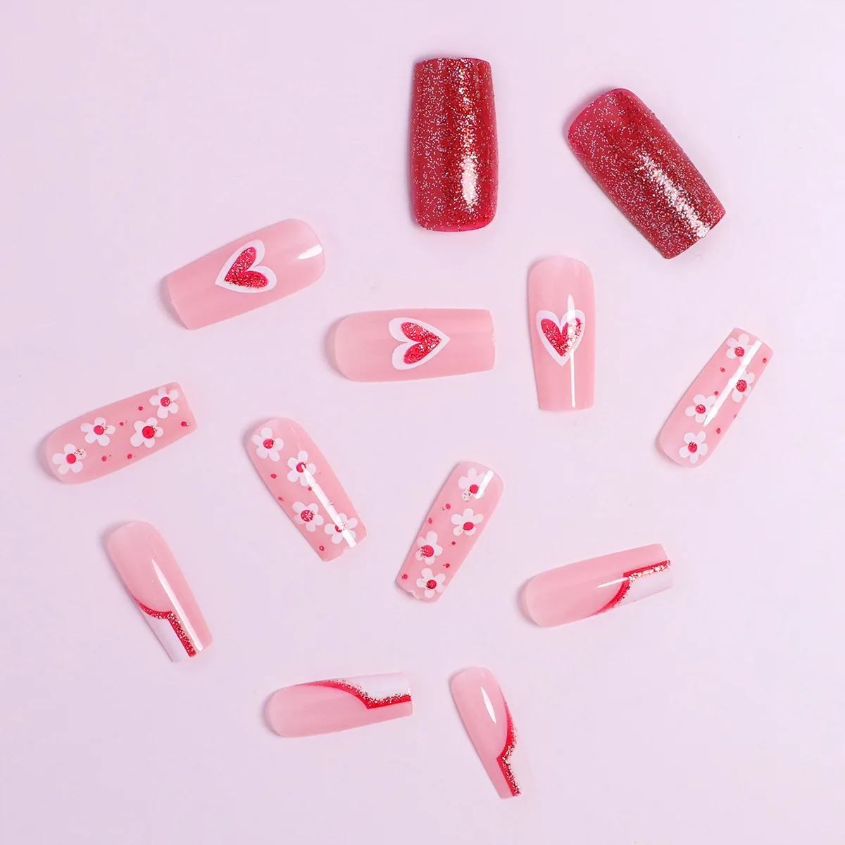 Factory Cost Nails Wholesale Medium length French Fine Flash Wear Nail Red Love Artificiafinger Nails fingernails