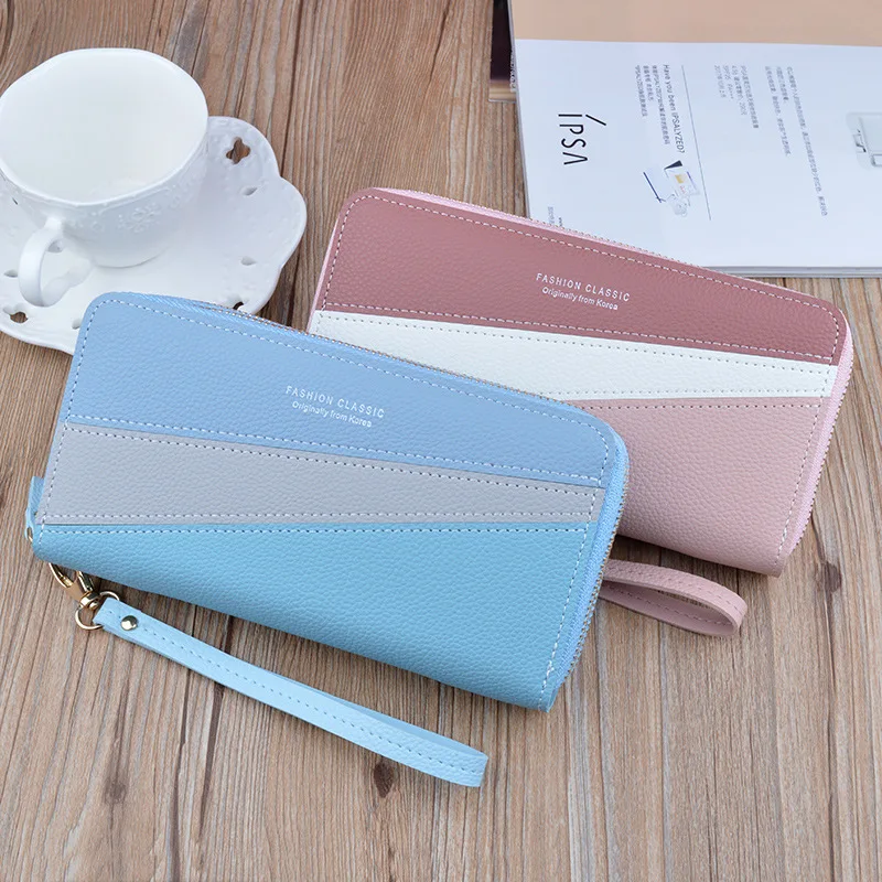 2021 PU girls Korean style cute colorful double zipper long cash wallet coin purses card holder zipper handbag for women
