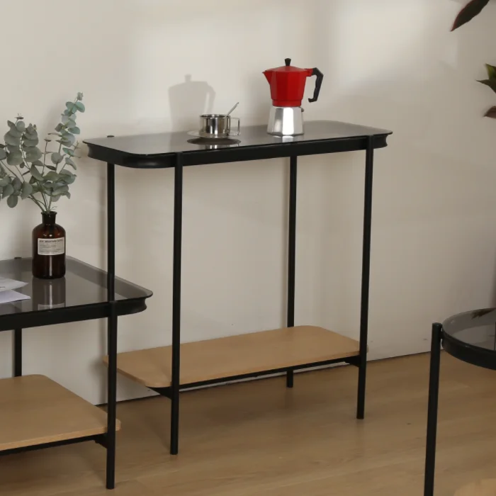 Cheap Wholesale Black Metal Wood With Glass Top Console Table Living Furniture