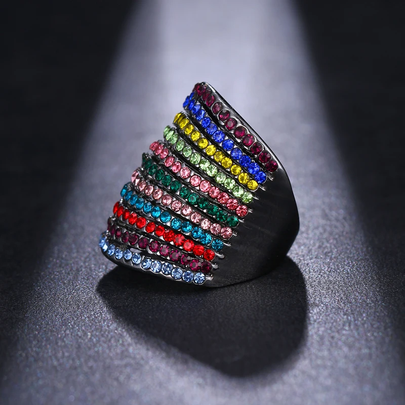 Emmaya Rainbow Colorful bohi jewelry Crystal Zircon Chunky Silver Plated Cool Ring For Women Men Party Gift