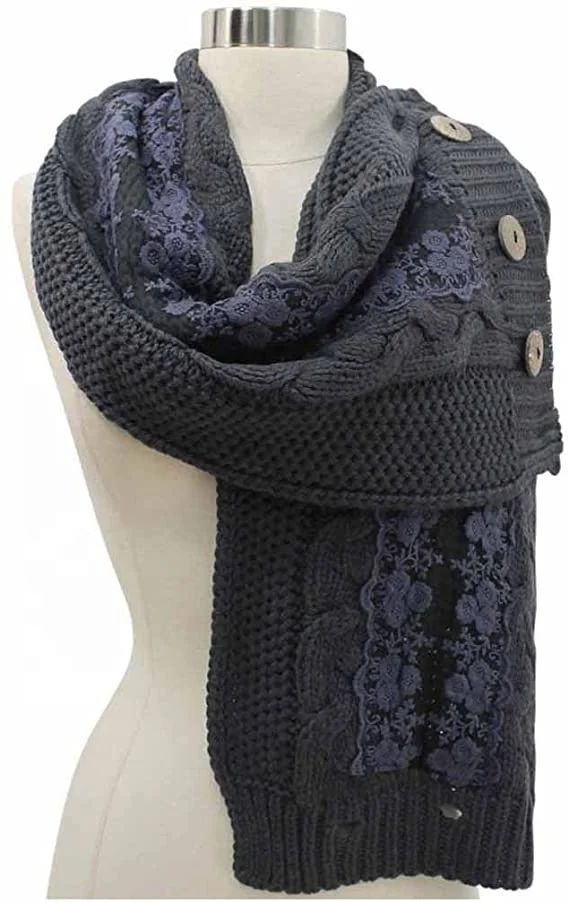 Cable Knit Scarf Neck Wrap With Lace & Button Trim