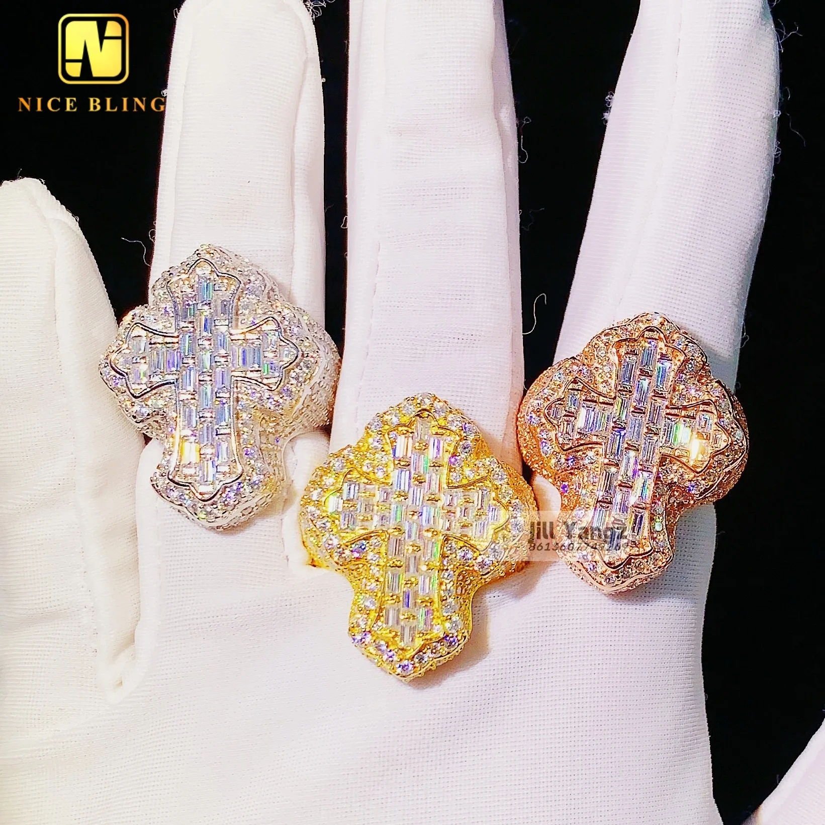 Insta Popular Baguette Cut Cross Ring vvs moissanite Championship Ring sterling silver rings for men hip hop Rock Fine Jewelry