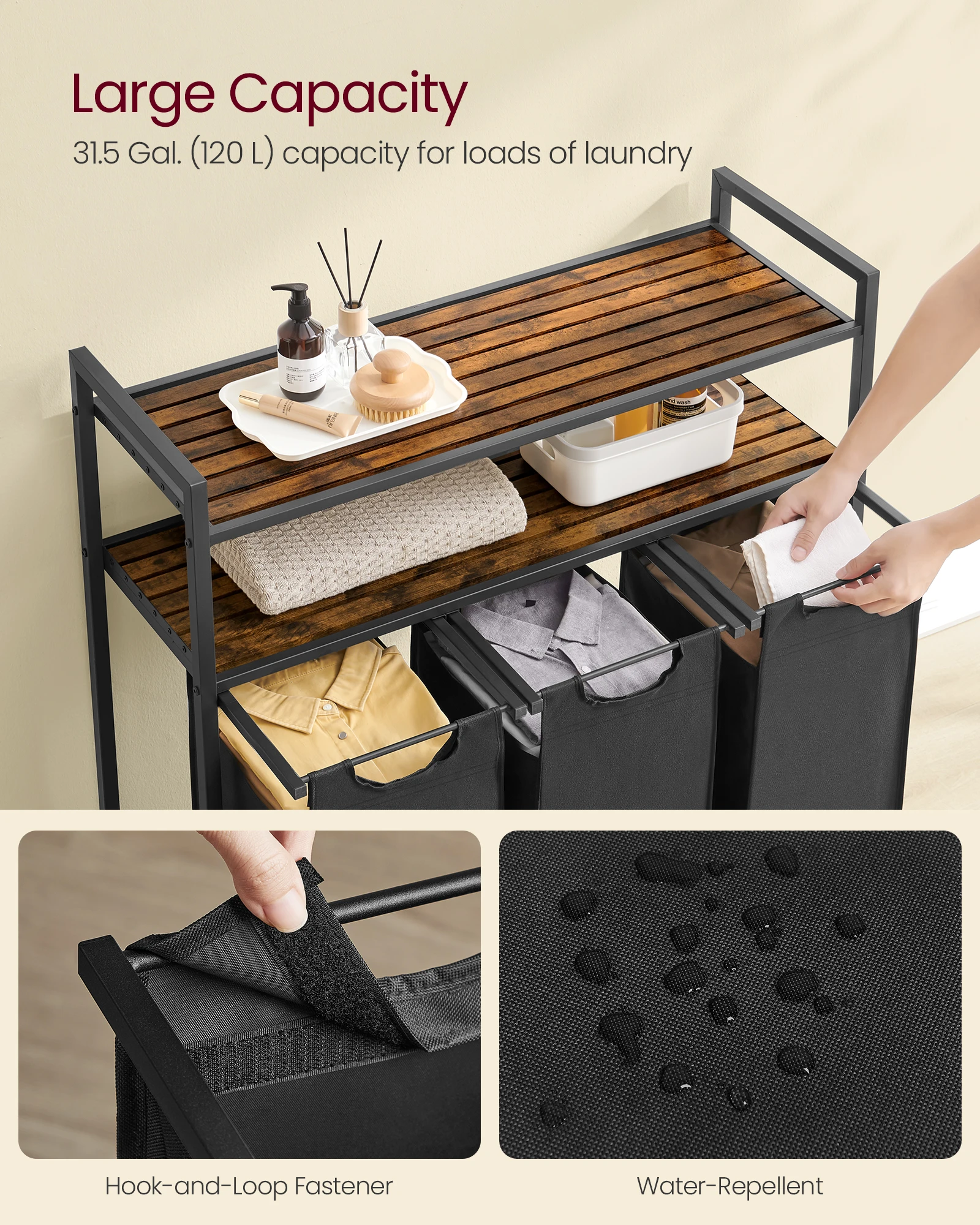 VASAGLE  Laundry Basket  with Shelf Removable Laundry Bag 3 Compartments Laundry Hamper with 2 Shelves